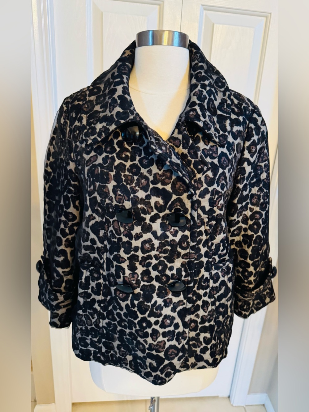 Clara Sun Woo Leopard Print Double-Breasted Pea Coat - Black & Tan